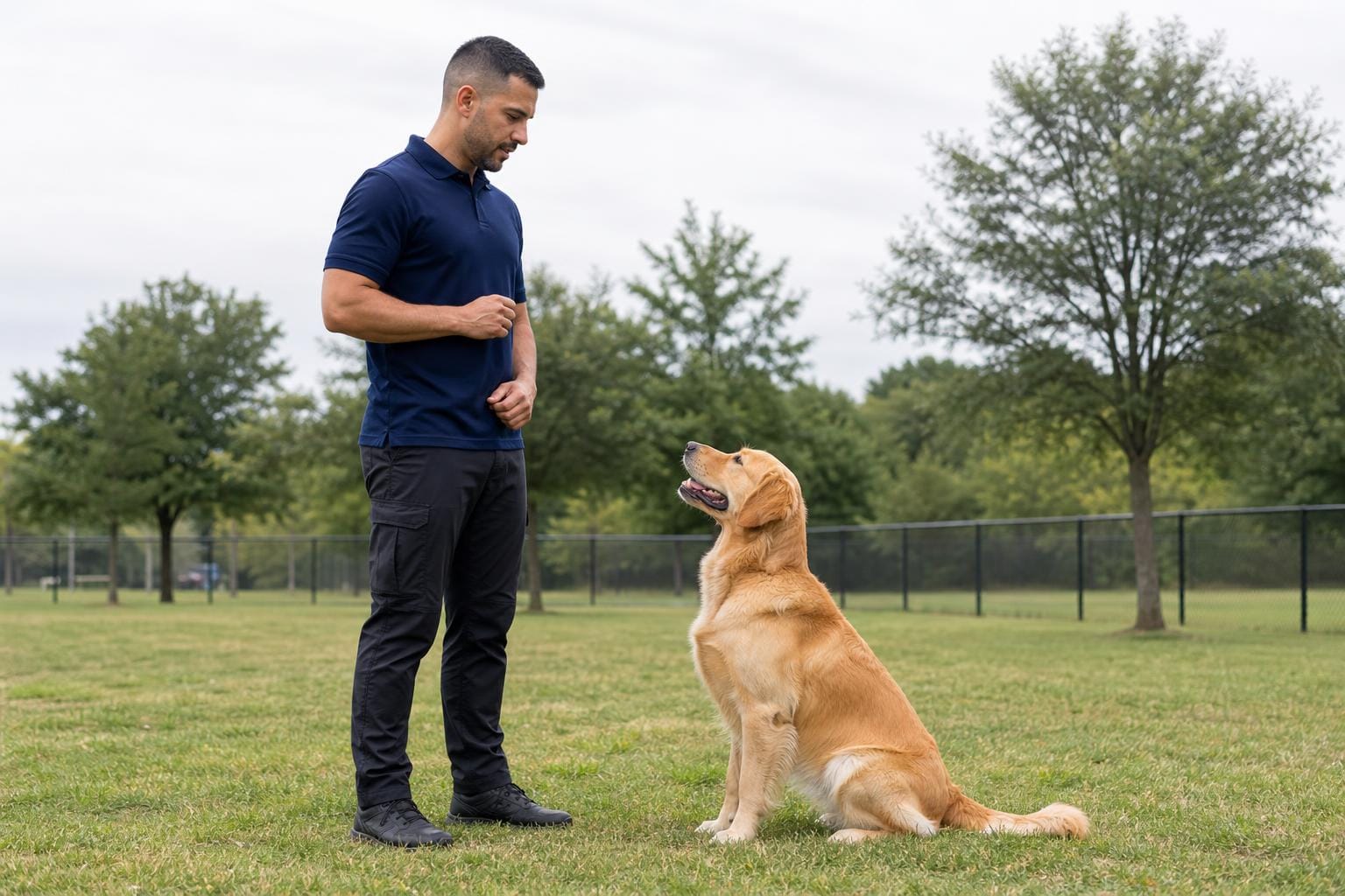 OLK9 Fredericksburg trainer with a Lab in heel position on a Stafford-area training field